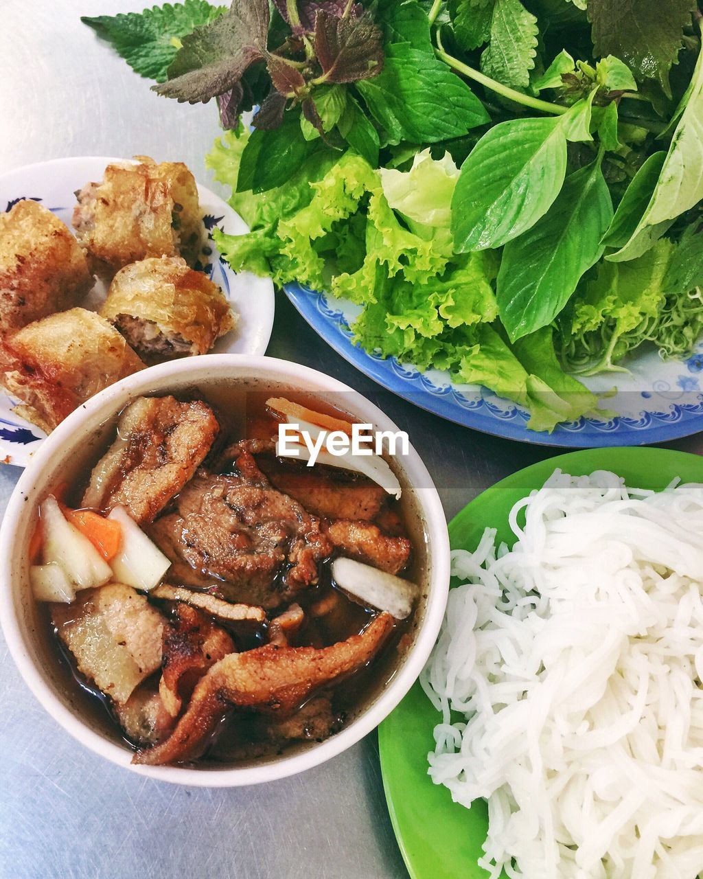 High angle view of bun cha served