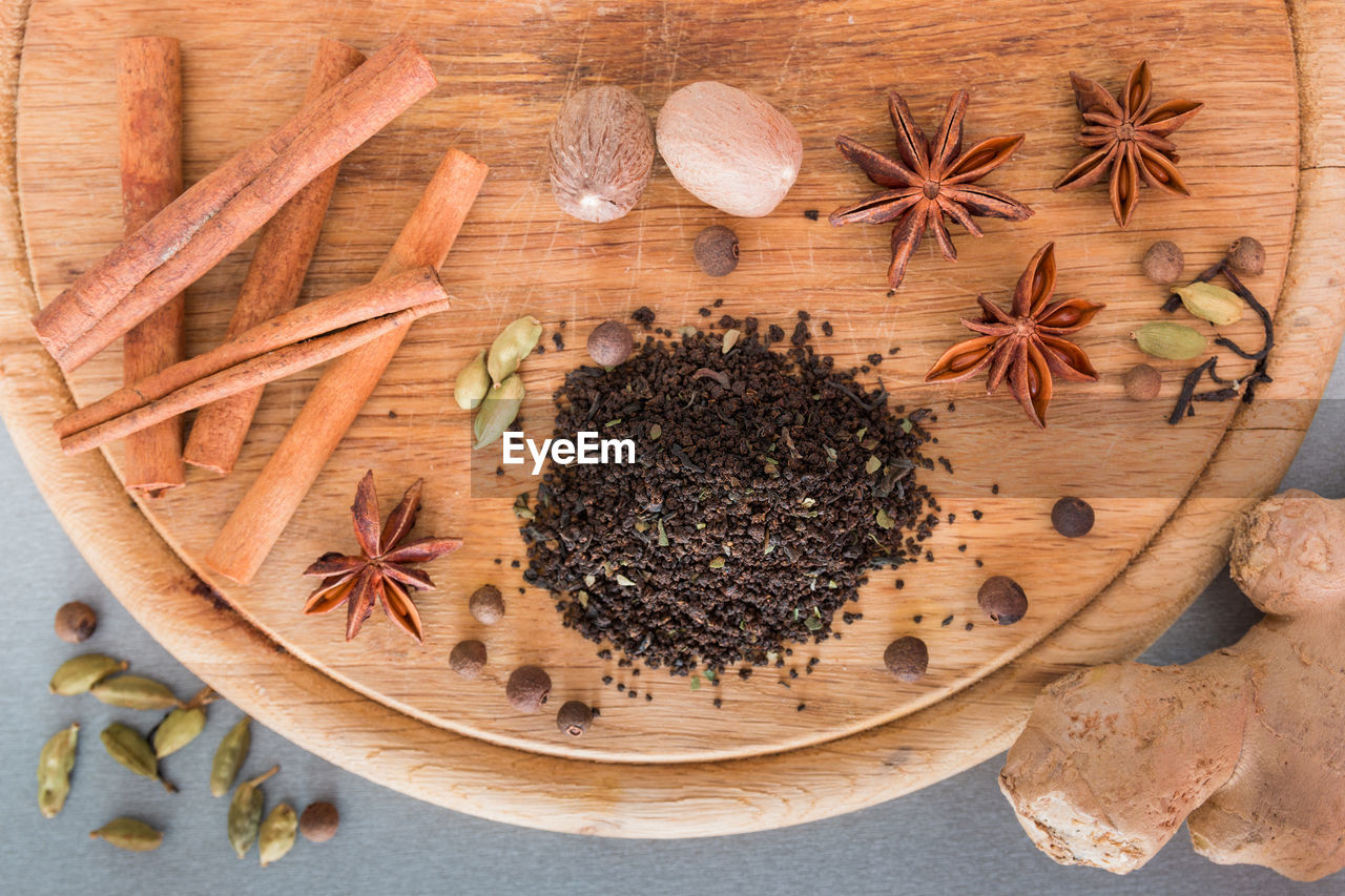 High angle view of ingredients on cutting board over table