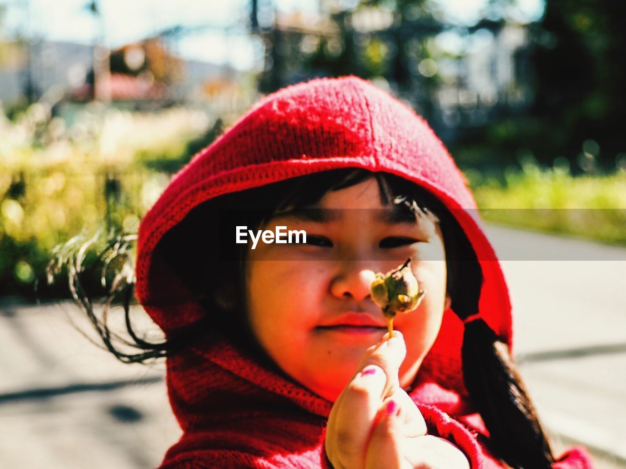 Close-up of girl holding bud during sunny day