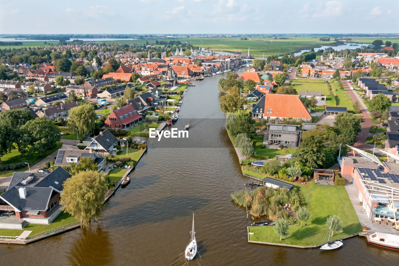 Aerial from the historical village woudsend in friesland the netherlands