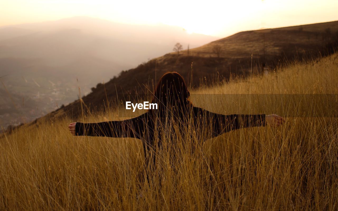 Rear view of woman with arms outstretched standing amidst plants on field during sunset