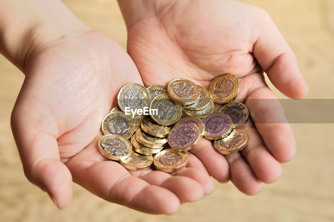 Close-up of hands holding coins