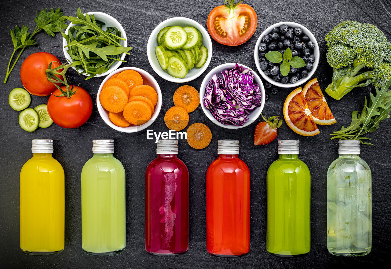 DIRECTLY ABOVE SHOT OF VARIOUS FRUITS AND VEGETABLES