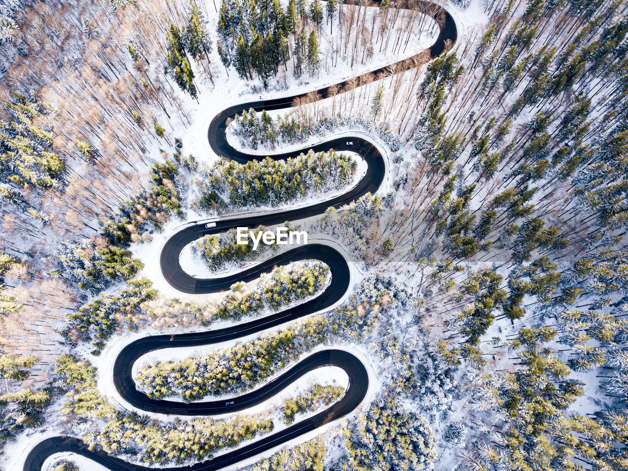 HIGH ANGLE VIEW OF WINDING ROAD