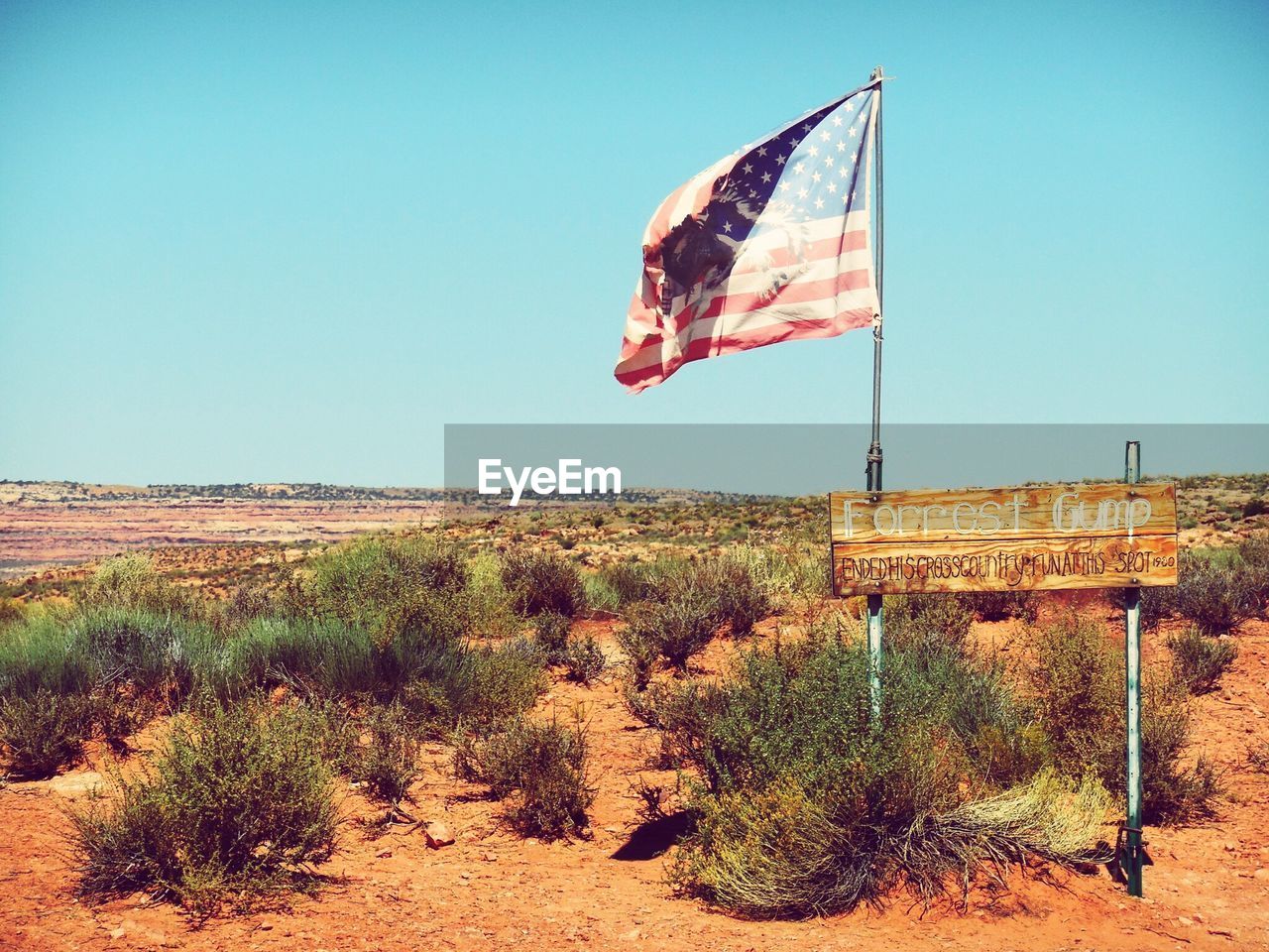 American flag waving on field against clear sky