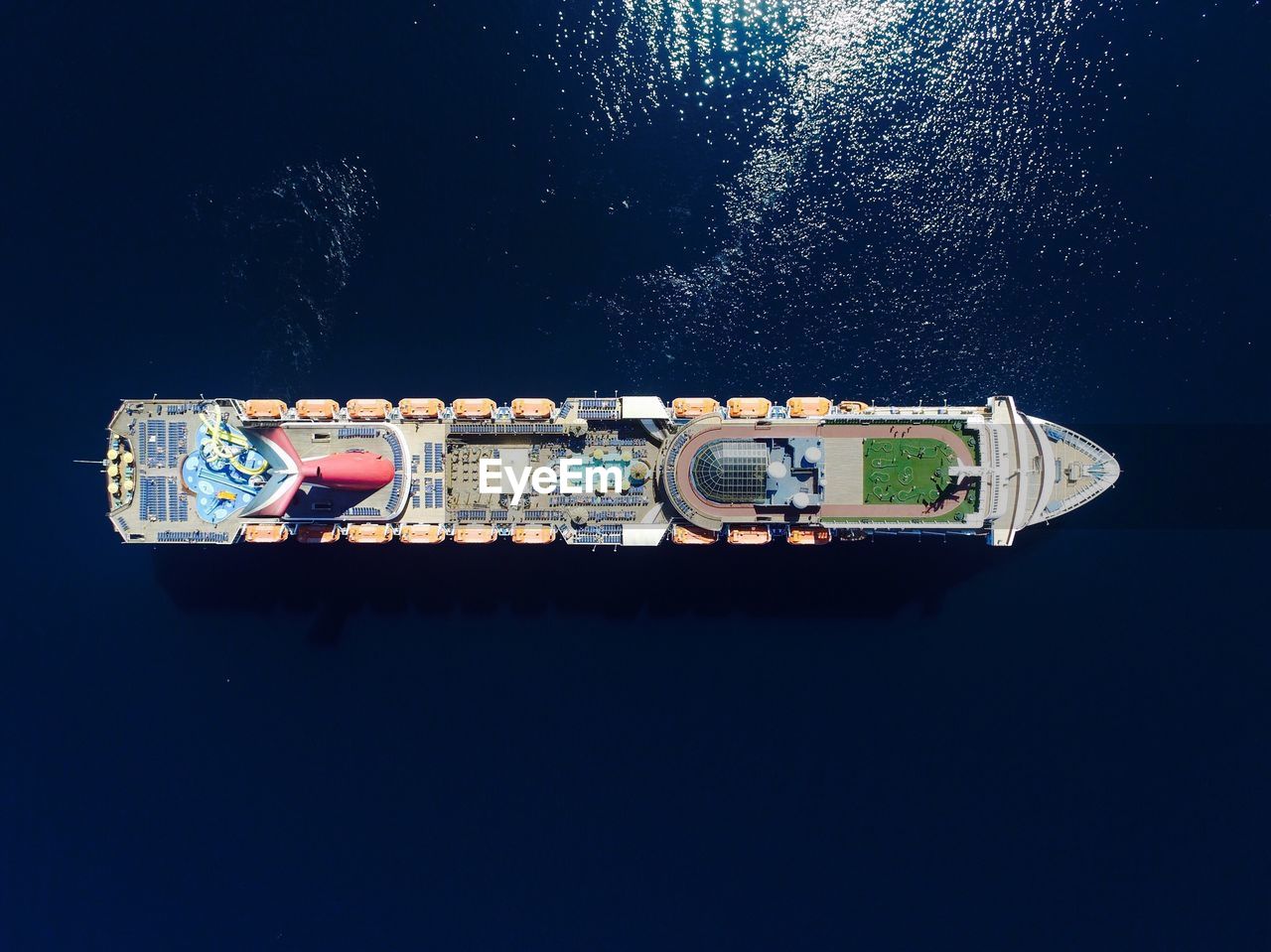 Aerial view of cruise ship on sea