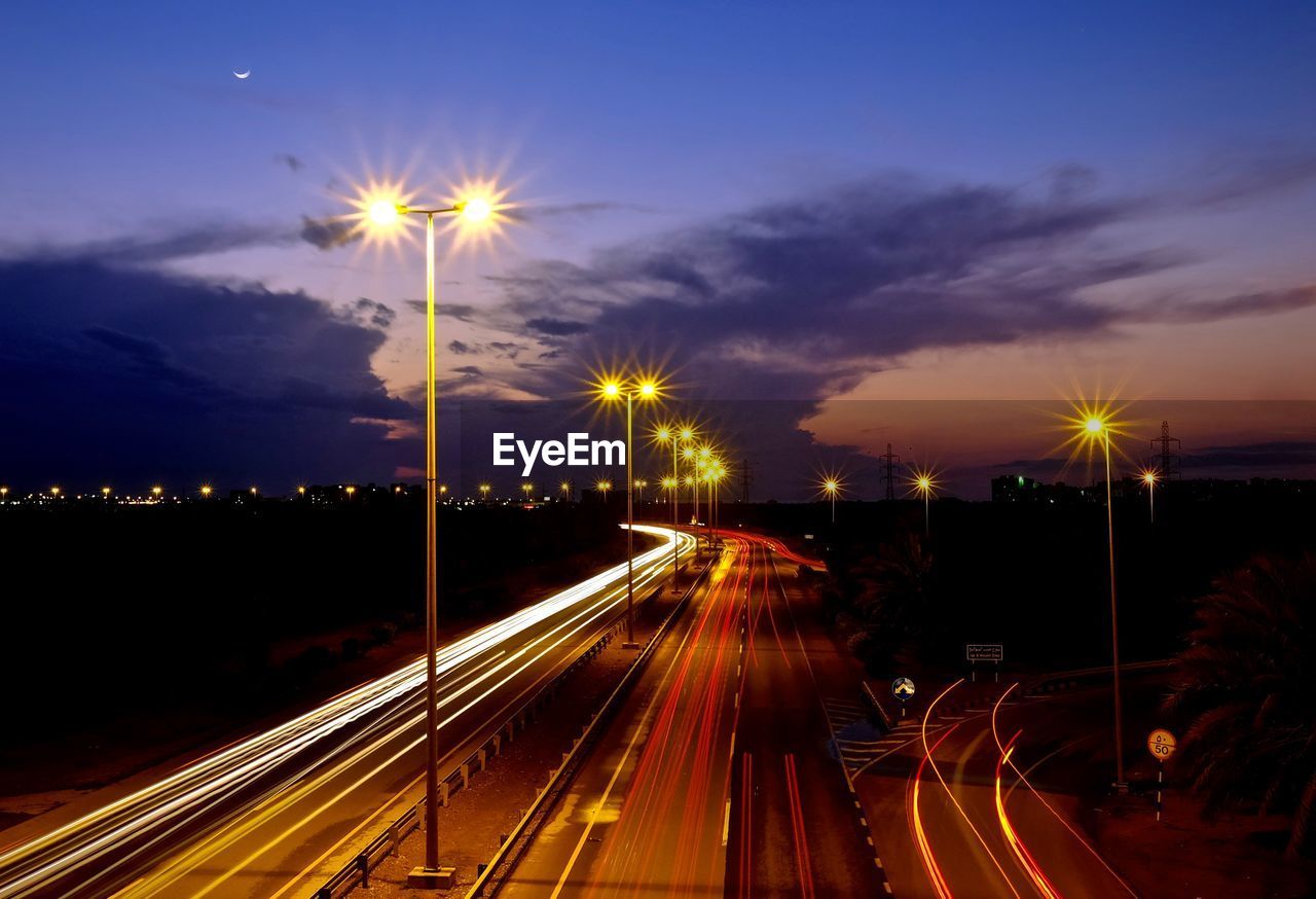 Light trails on road at night