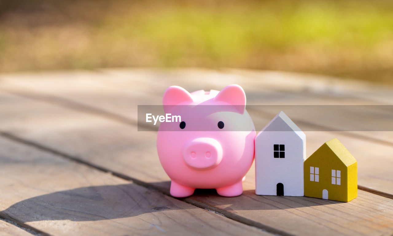 Wooden houses and piggy bank stands outdoors on a sunny day. real estate and investments in housing 