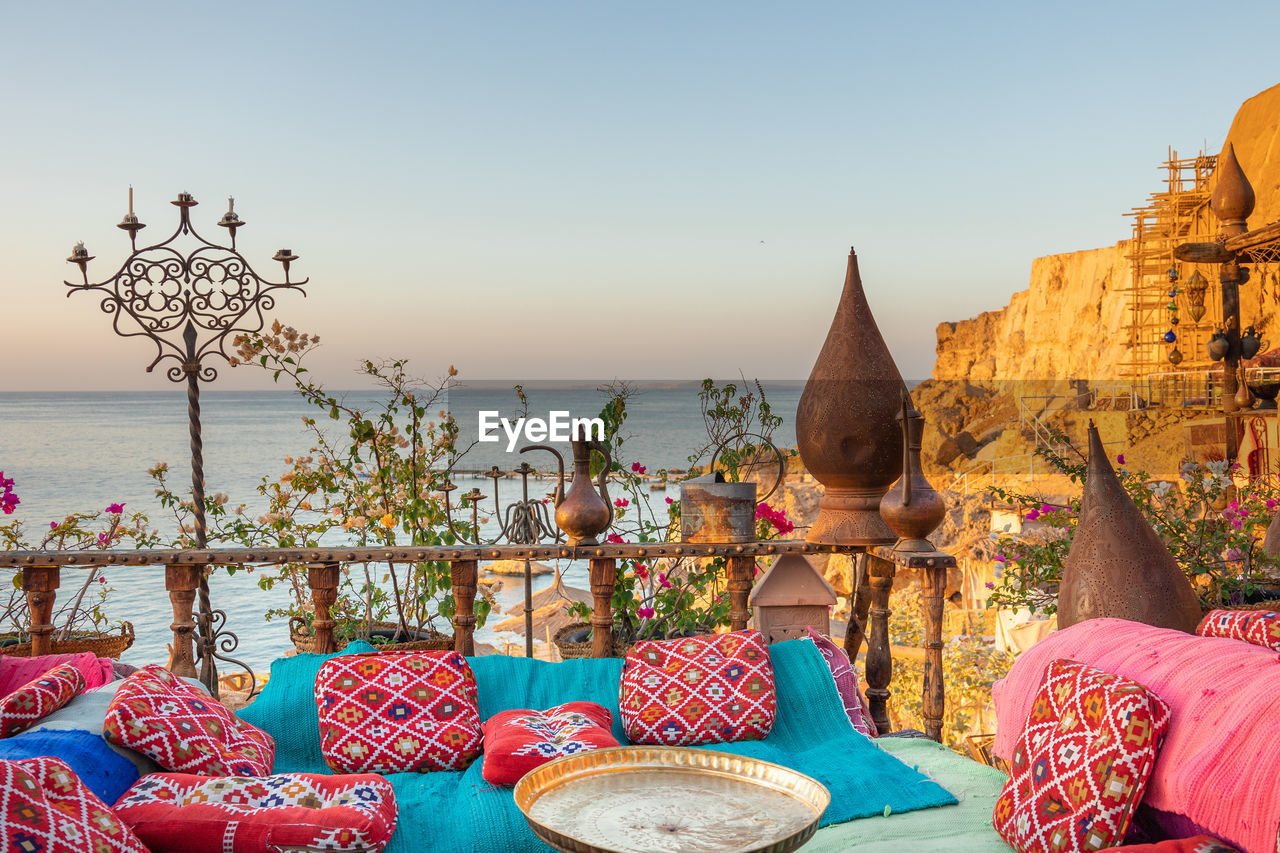 Vintage arabic oriental cafe. place to relax on beach ras umm el sid of red sea. sharm el sheikh,
