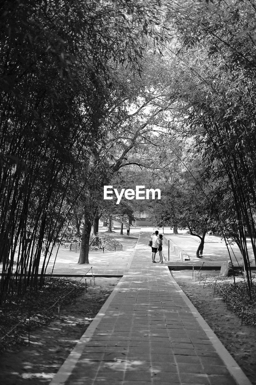 Couple standing amidst trees on footpath at park