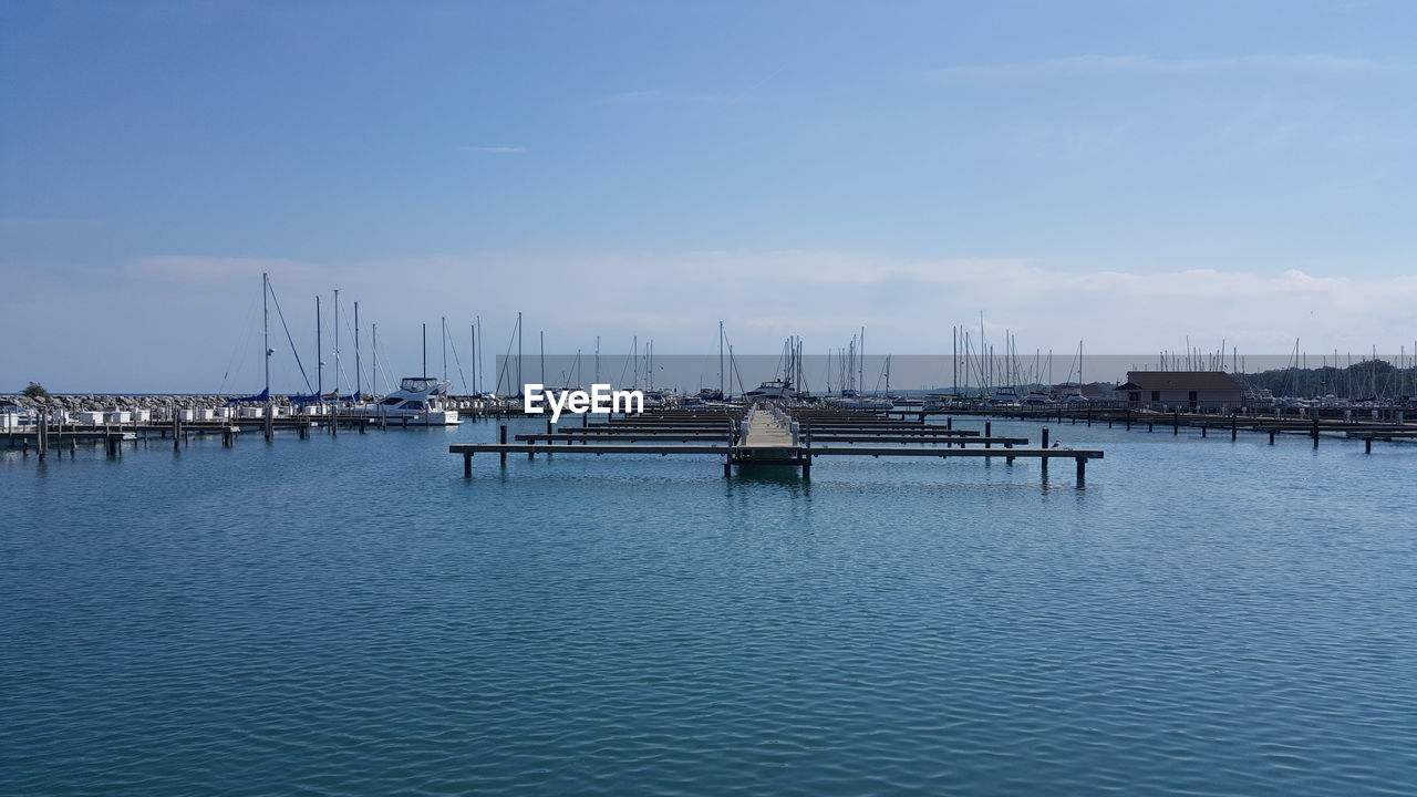 Mooring racks over sea against sky