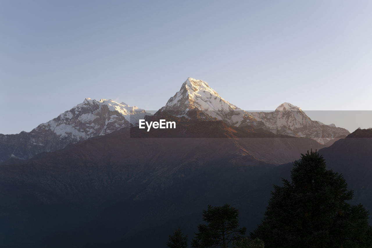 Mountain landscape in nepal in the morning, mountain peaks with snow, nature photography,
