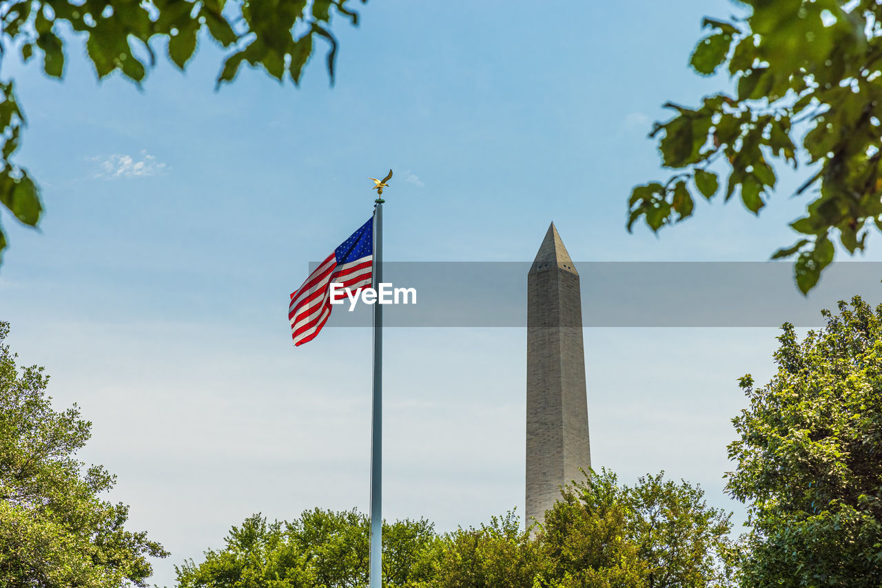 LOW ANGLE VIEW OF FLAG AMIDST PLANTS AGAINST SKY