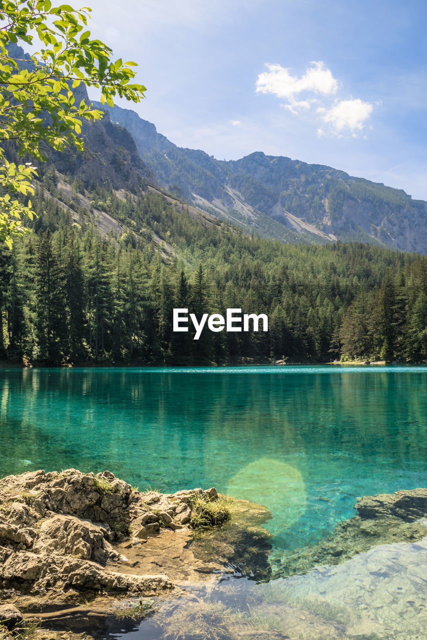 Scenic view of lake by mountains against sky