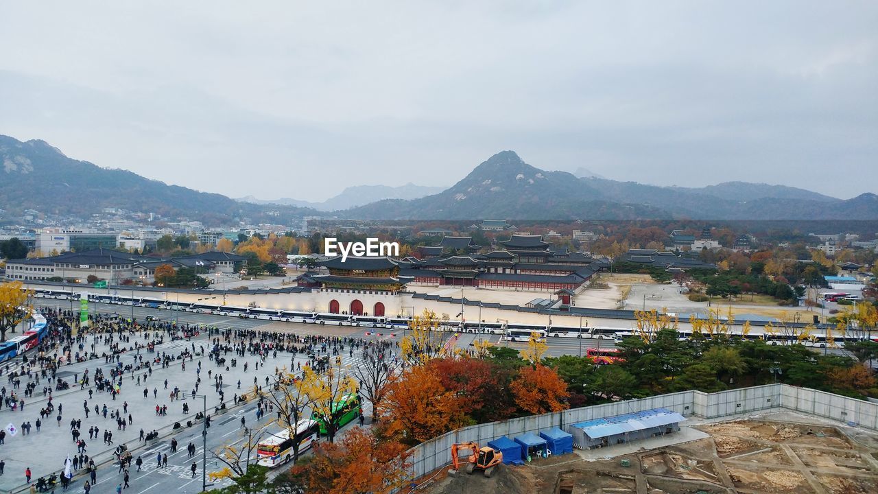 High angle view of gyeongbokgung palace against sky