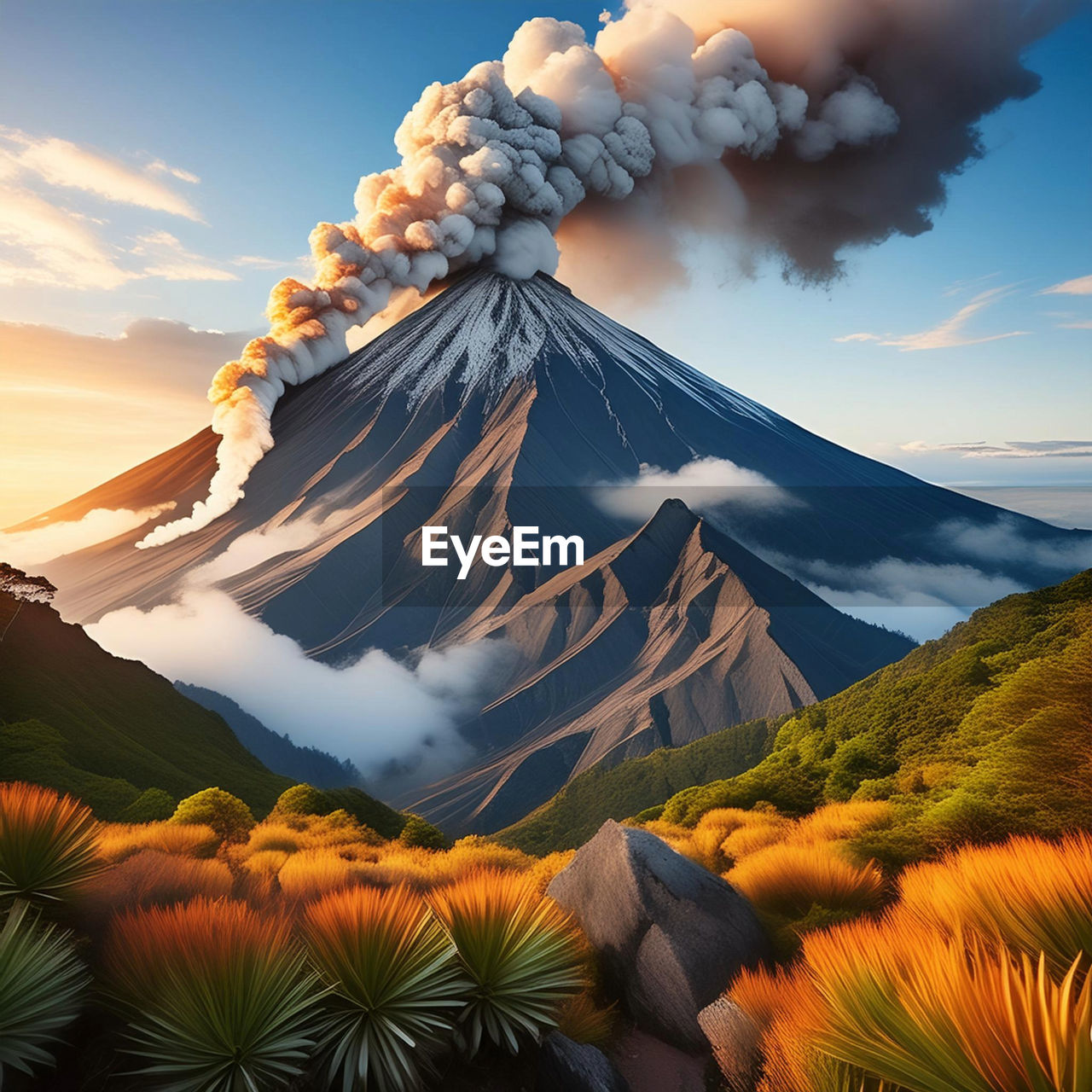mountain, landscape, environment, sky, beauty in nature, nature, scenics - nature, land, cloud, travel destinations, flower, travel, sunset, volcano, plant, sunlight, mountain peak, no people, outdoors, sun, tourism, twilight, tree, non-urban scene, geology, mountain range, tropical climate, tranquility