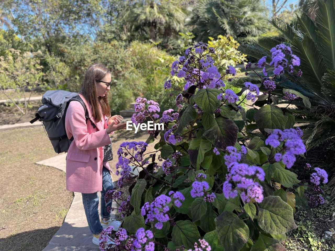 rear view of woman standing amidst flowers