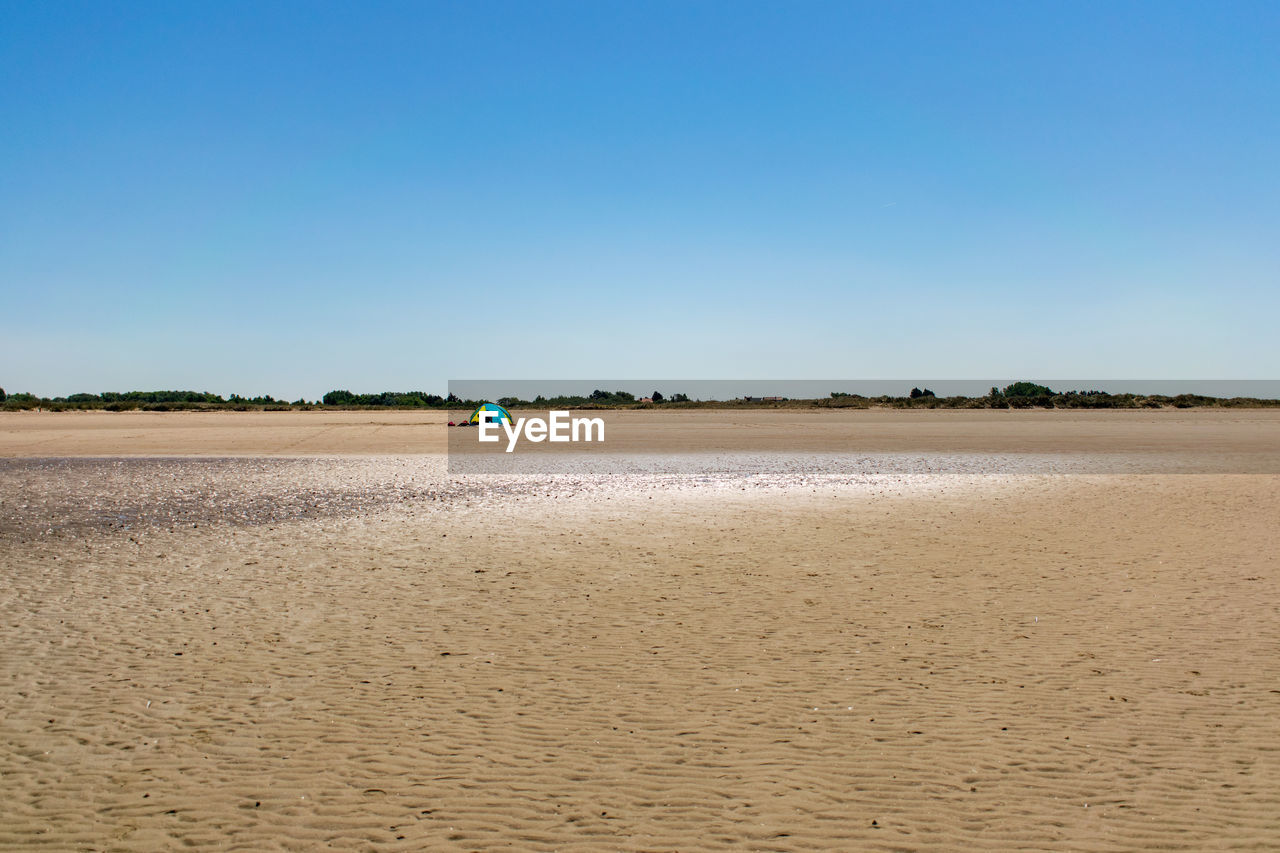 VIEW OF BEACH AGAINST CLEAR BLUE SKY