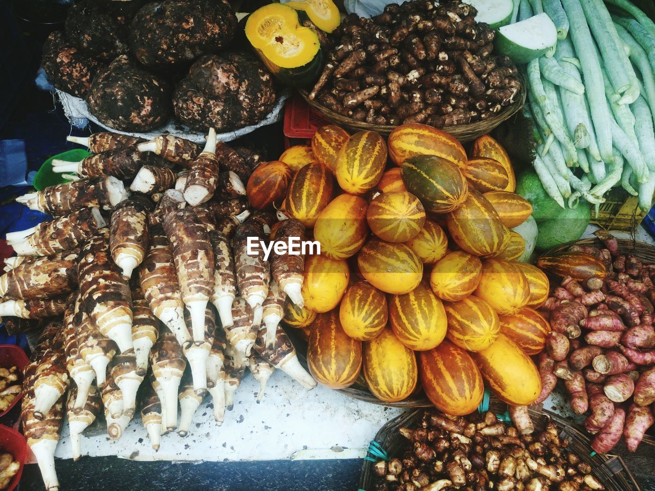 High angle view of various vegetables for sale at market stall