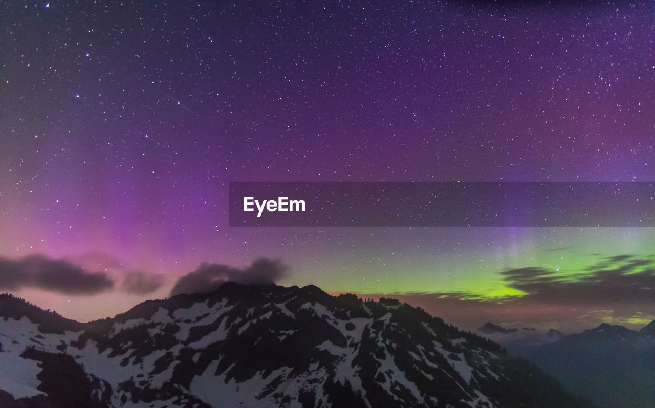 Scenic view of mountains against sky at night