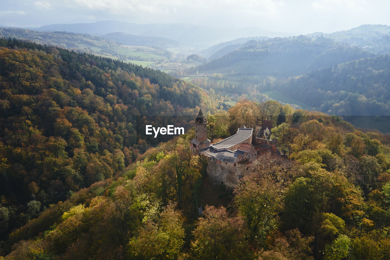 Aerial view of grodno castle in zagorze, poland at autumn season