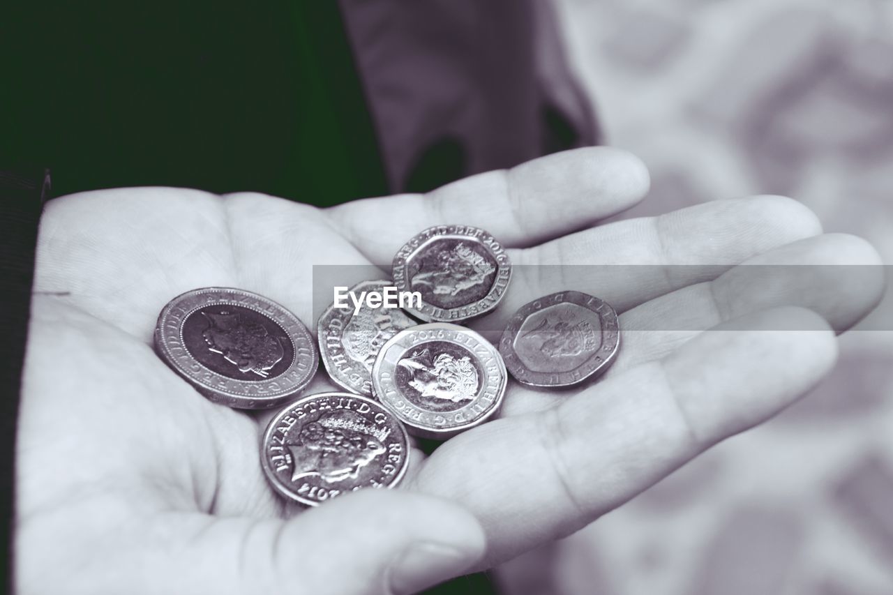 CLOSE-UP OF HAND HOLDING COINS ON HUMAN FACE