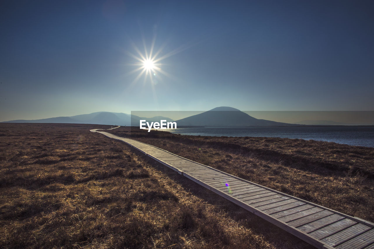 SCENIC VIEW OF LAND AGAINST BRIGHT SUN