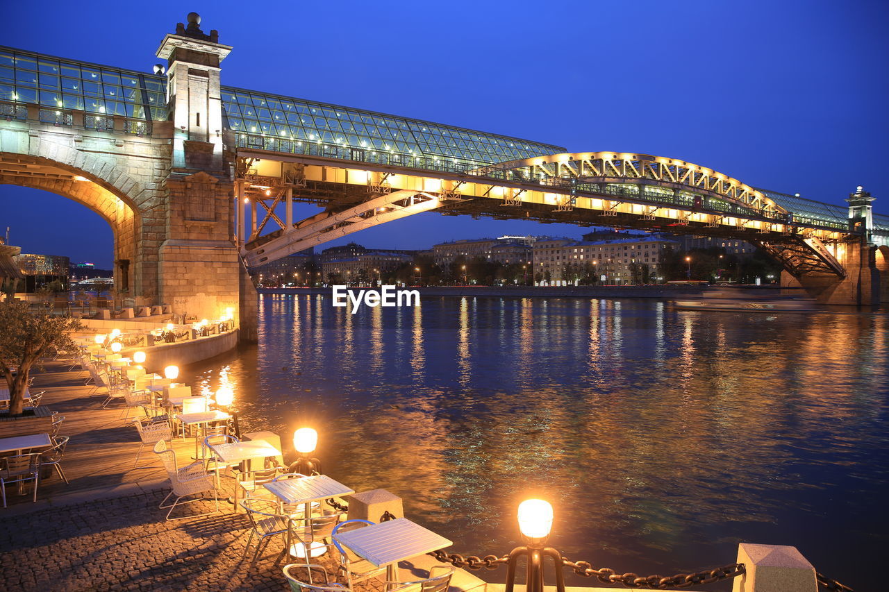 Illuminated bridge over river at night