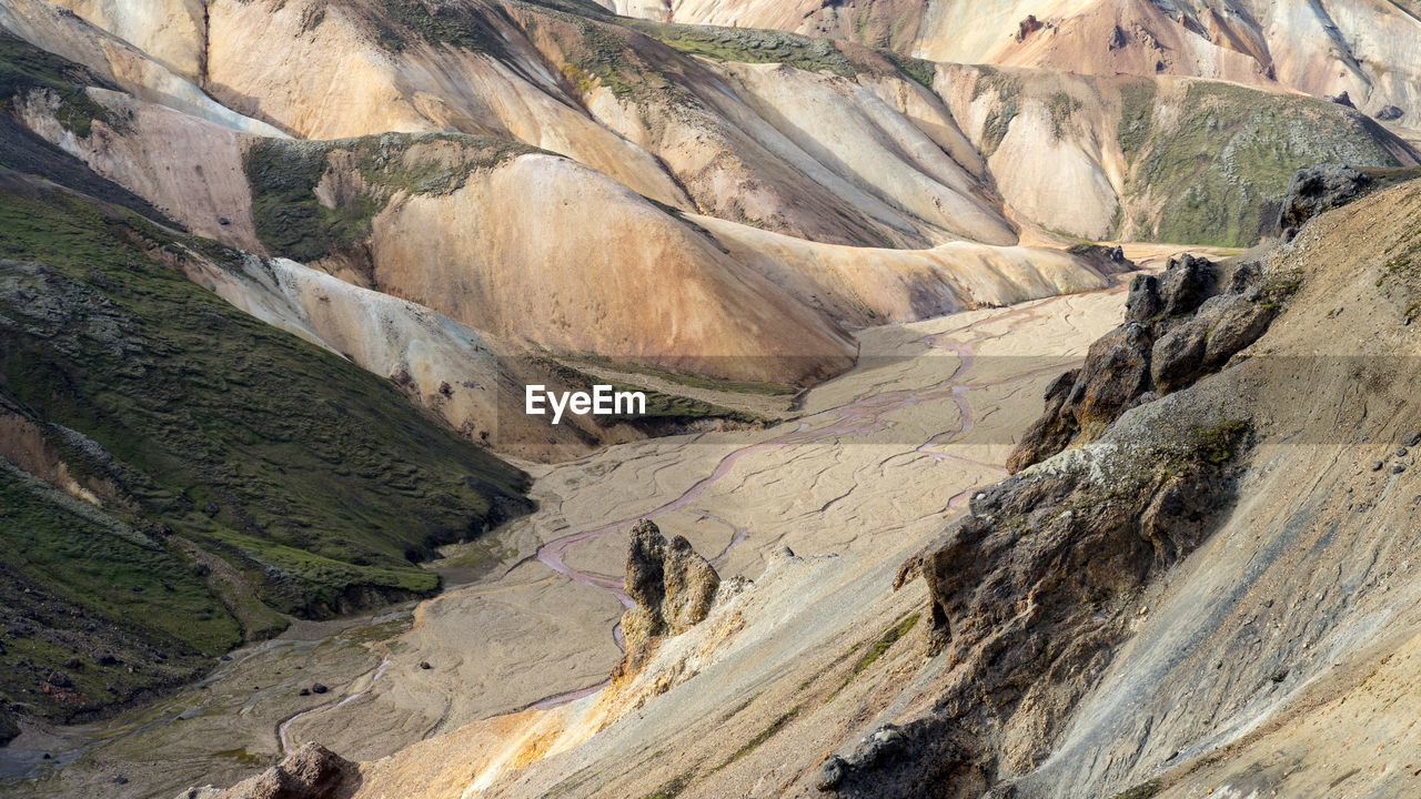 Pink creek is flowing down iceland's mossy highlands on a sunny day