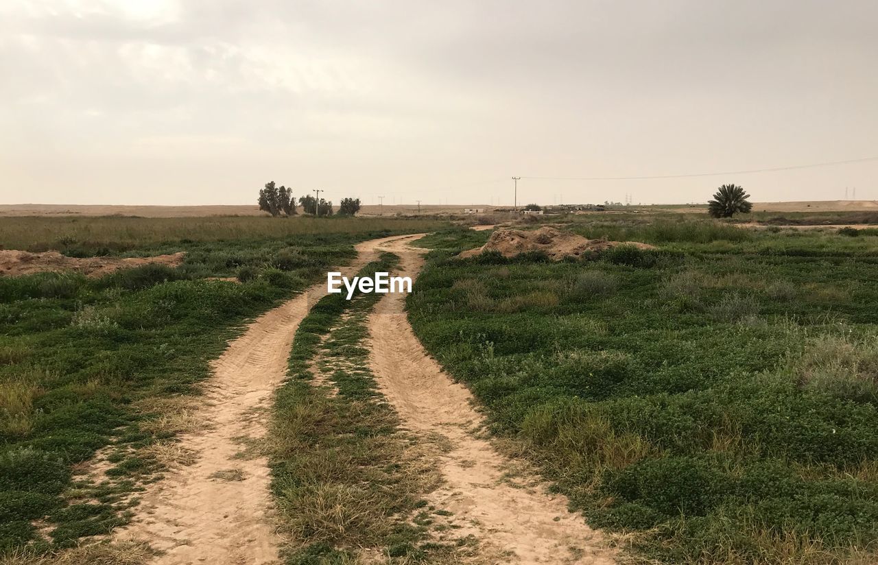 Dirt road amidst field against sky