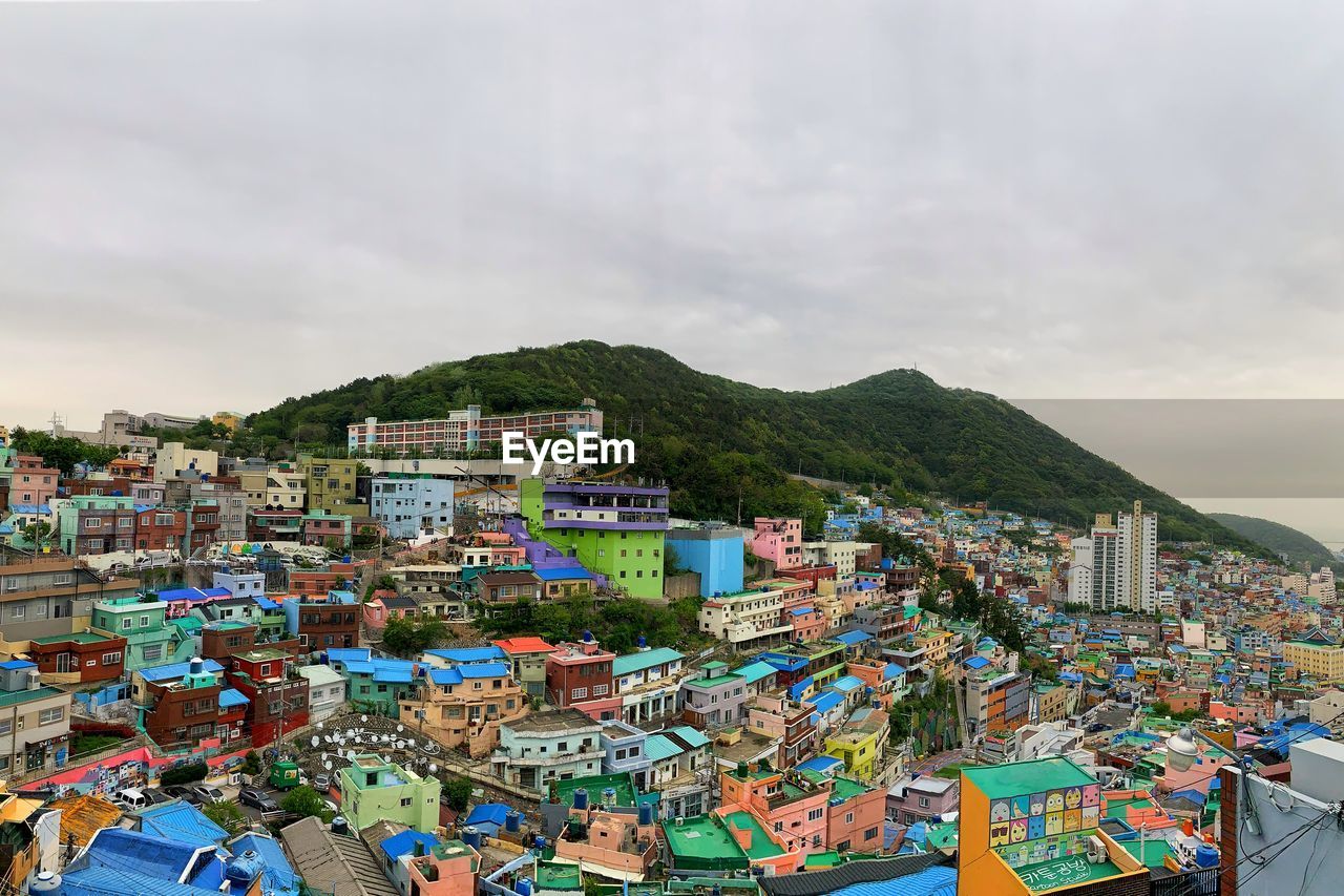 High angle shot of townscape against sky