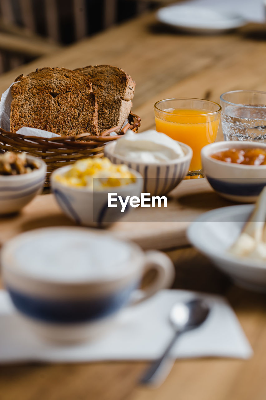 Close-up of breakfast served on table