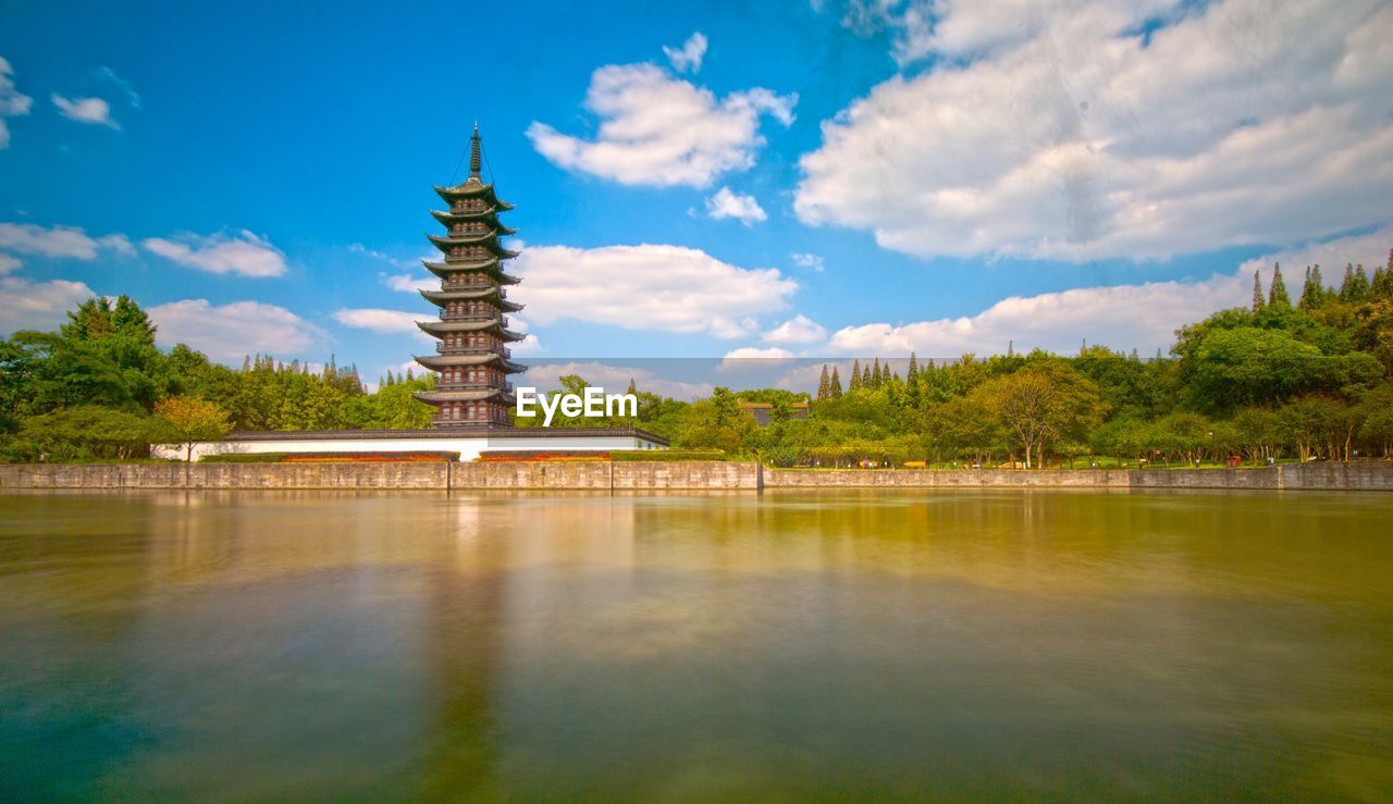 Scenic view of lake against cloudy sky