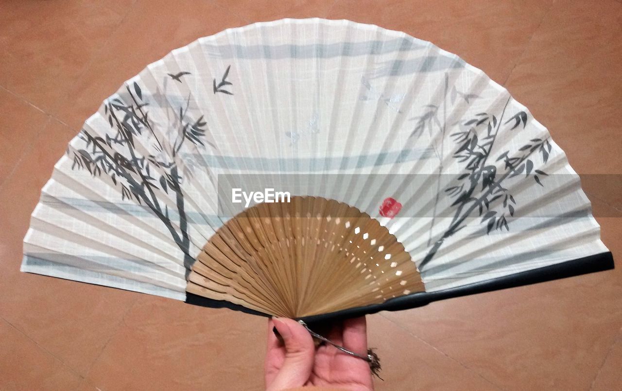 umbrella, fashion accessory, hand fan, one person, holding, adult, hand, culture, close-up, indoors, foldable