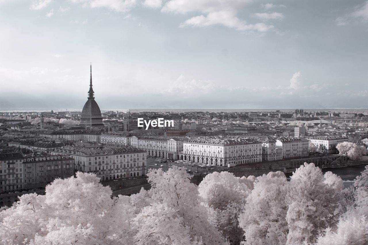 High angle view of buildings in city