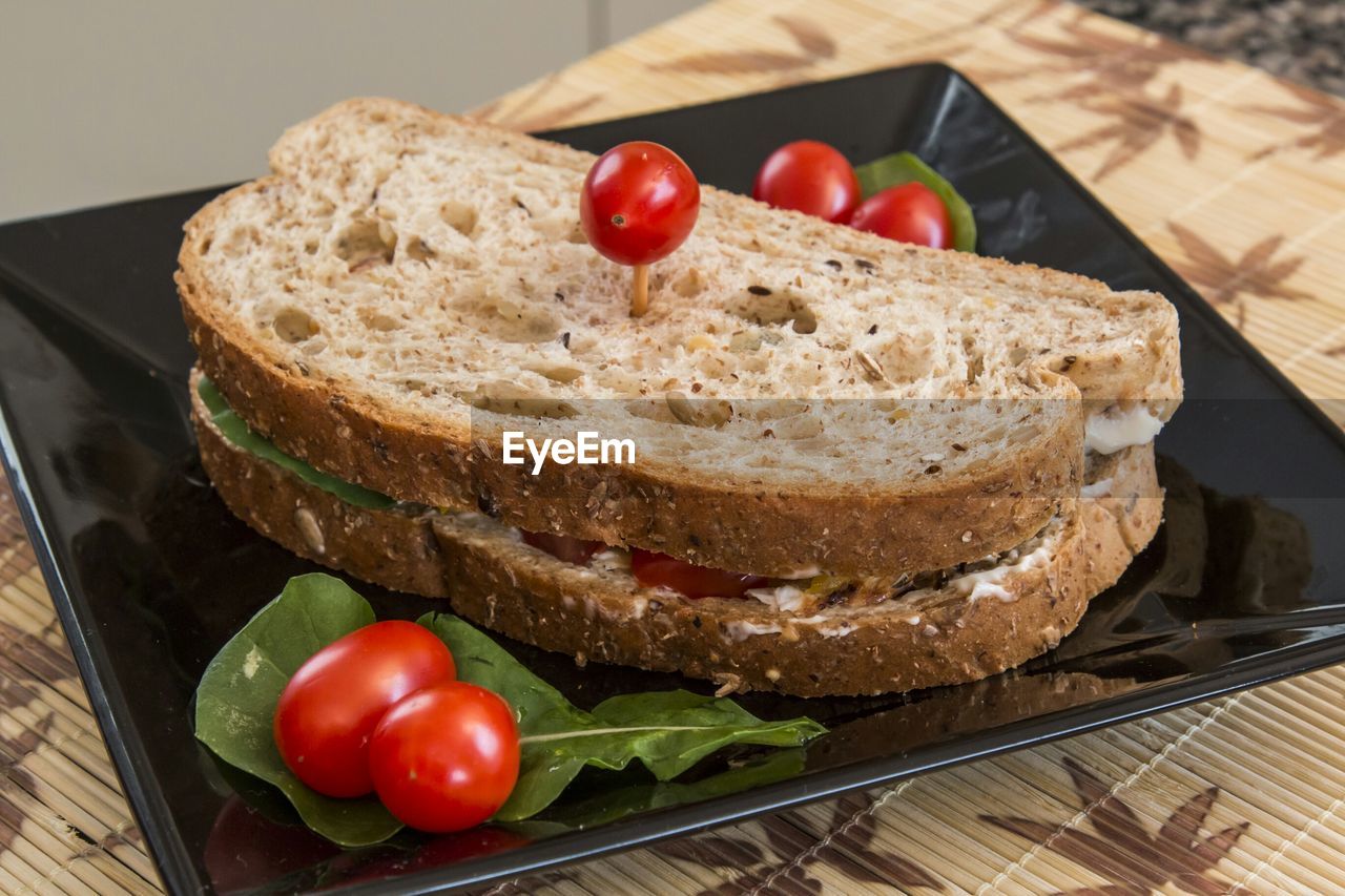 High angle view of toast sandwich in plate on table
