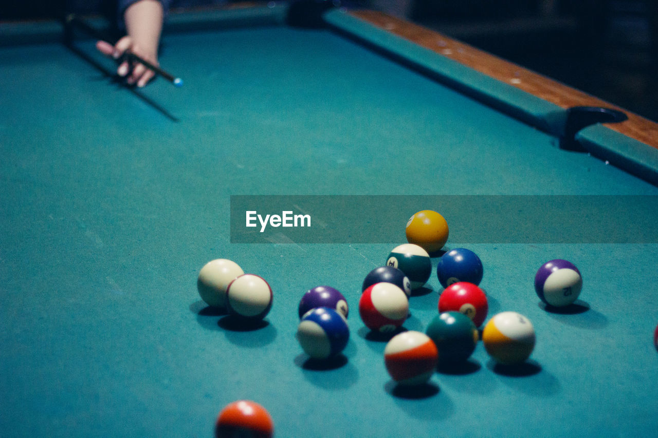 Close-up of multi colored balls on pool table