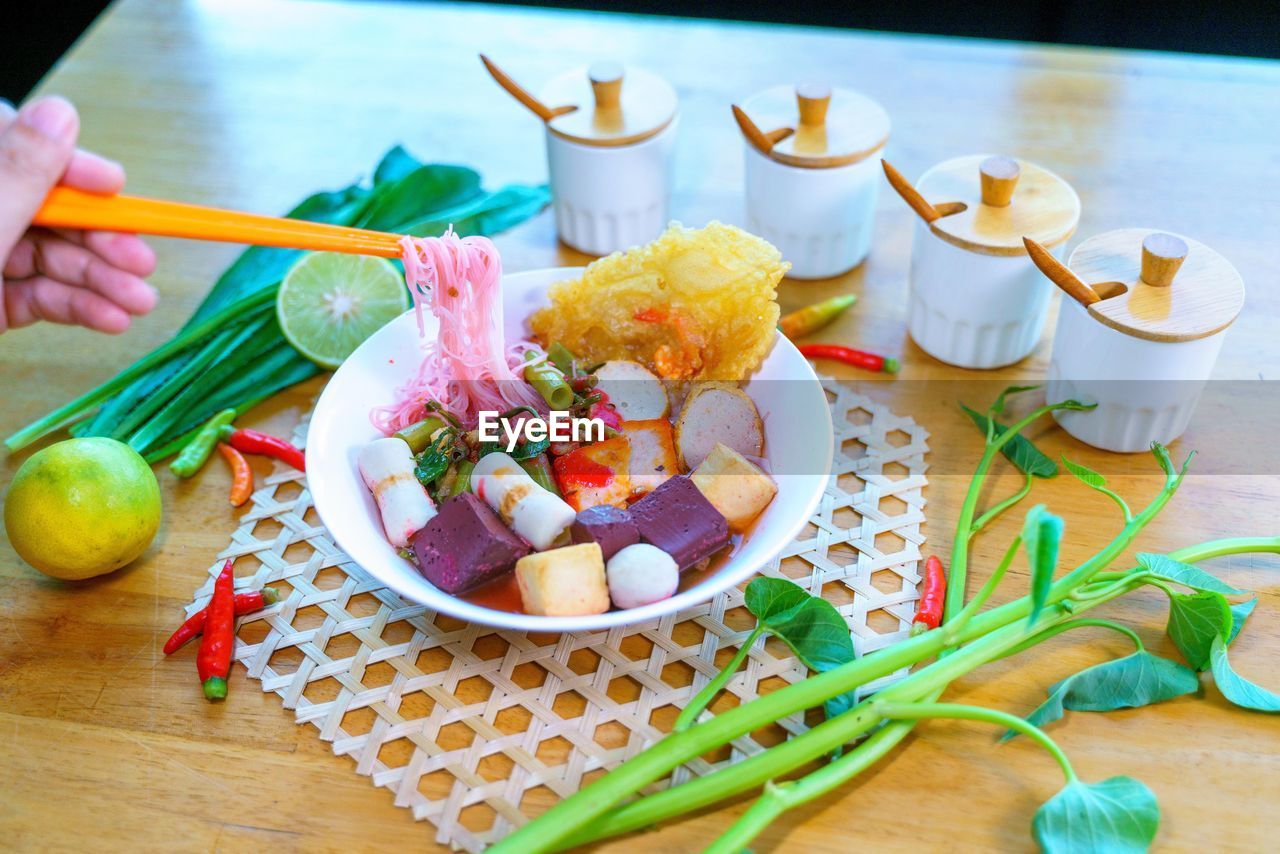 high angle view of food in plate on table