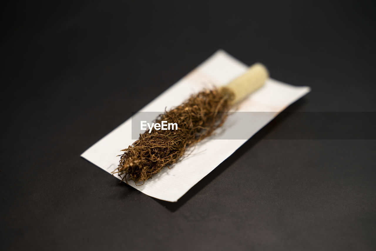 Ciggarette dried tobacco isolated on dark background