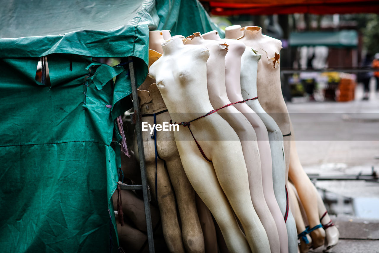 Close-up of old mannequins