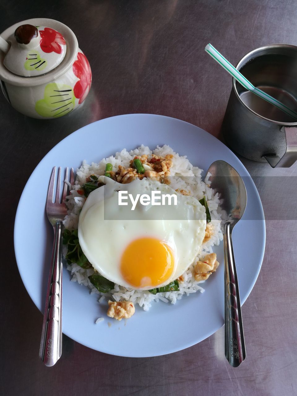 High angle view of breakfast served in plate on table