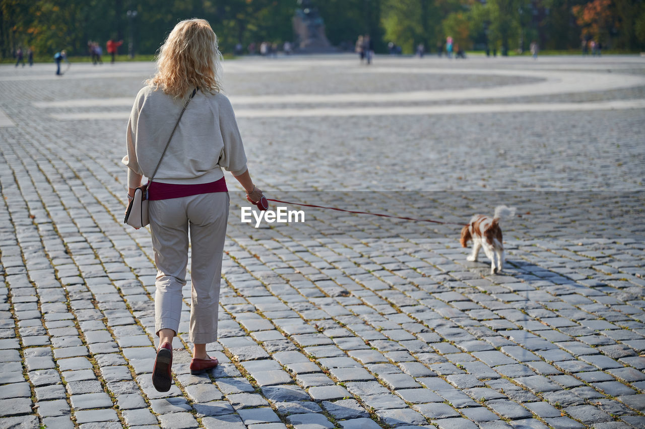 Rear view of woman walking on street with dog