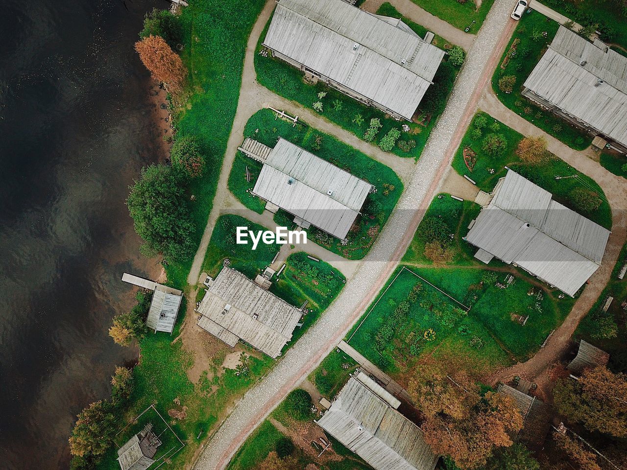 Aerial view of houses on land