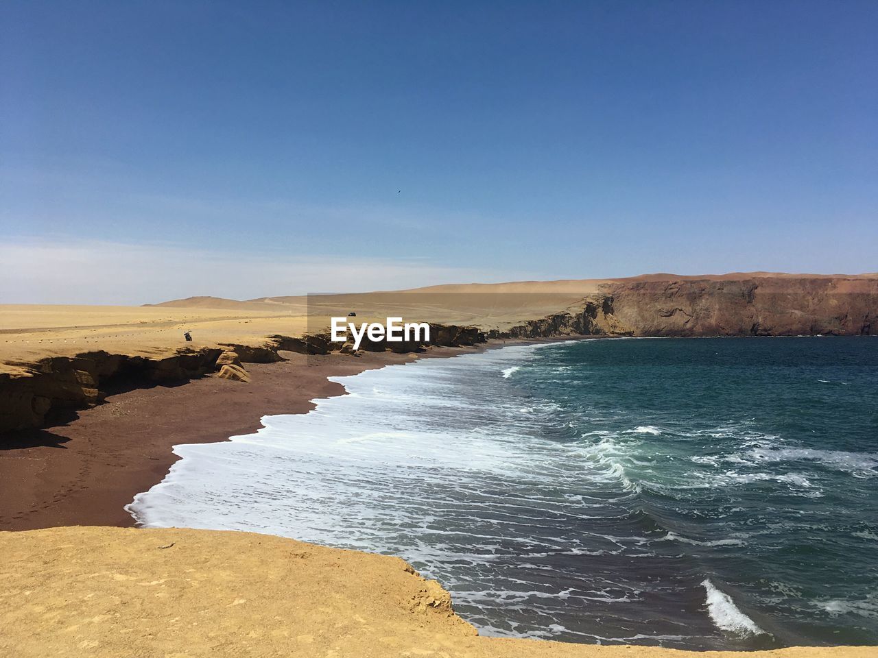 View of beach against clear blue sky