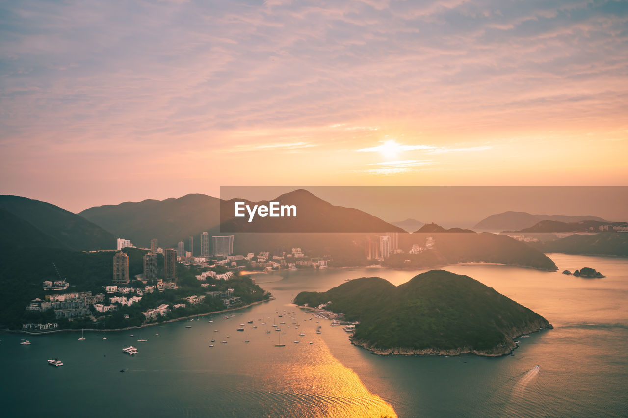 Overlooking view of deep water bay, hong kong seen form brick hill nam long shan in sunrise time