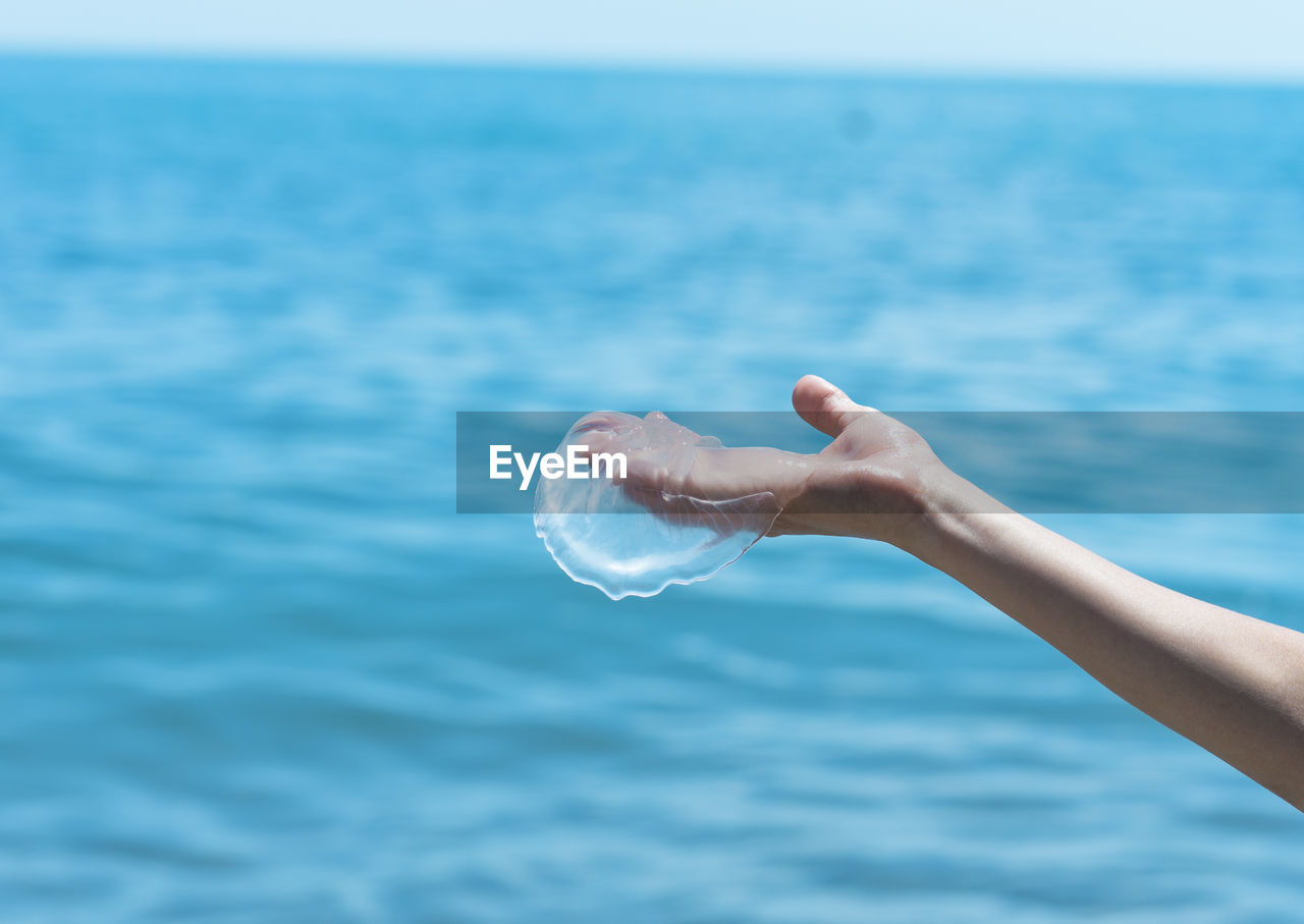 Cropped image of hand holding jellyfish against sea