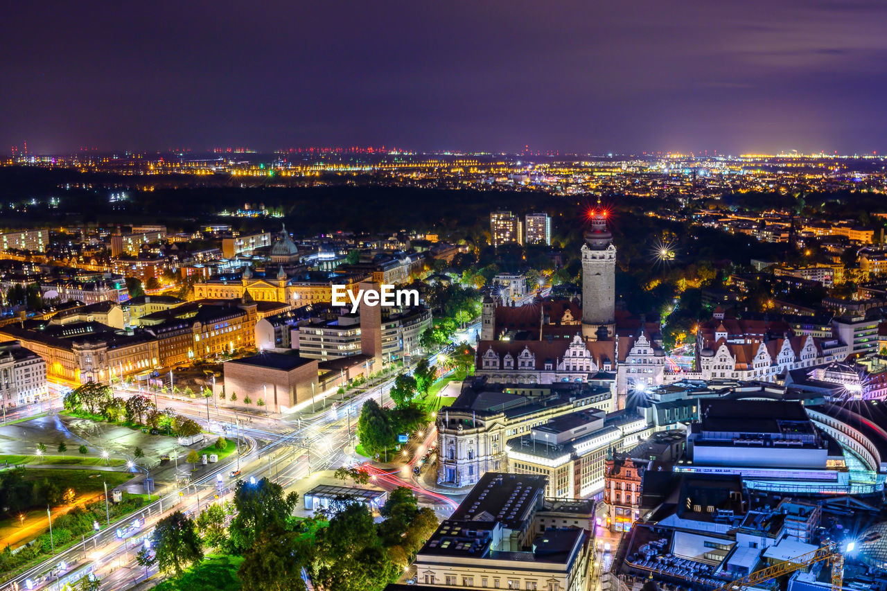 high angle view of illuminated city at night