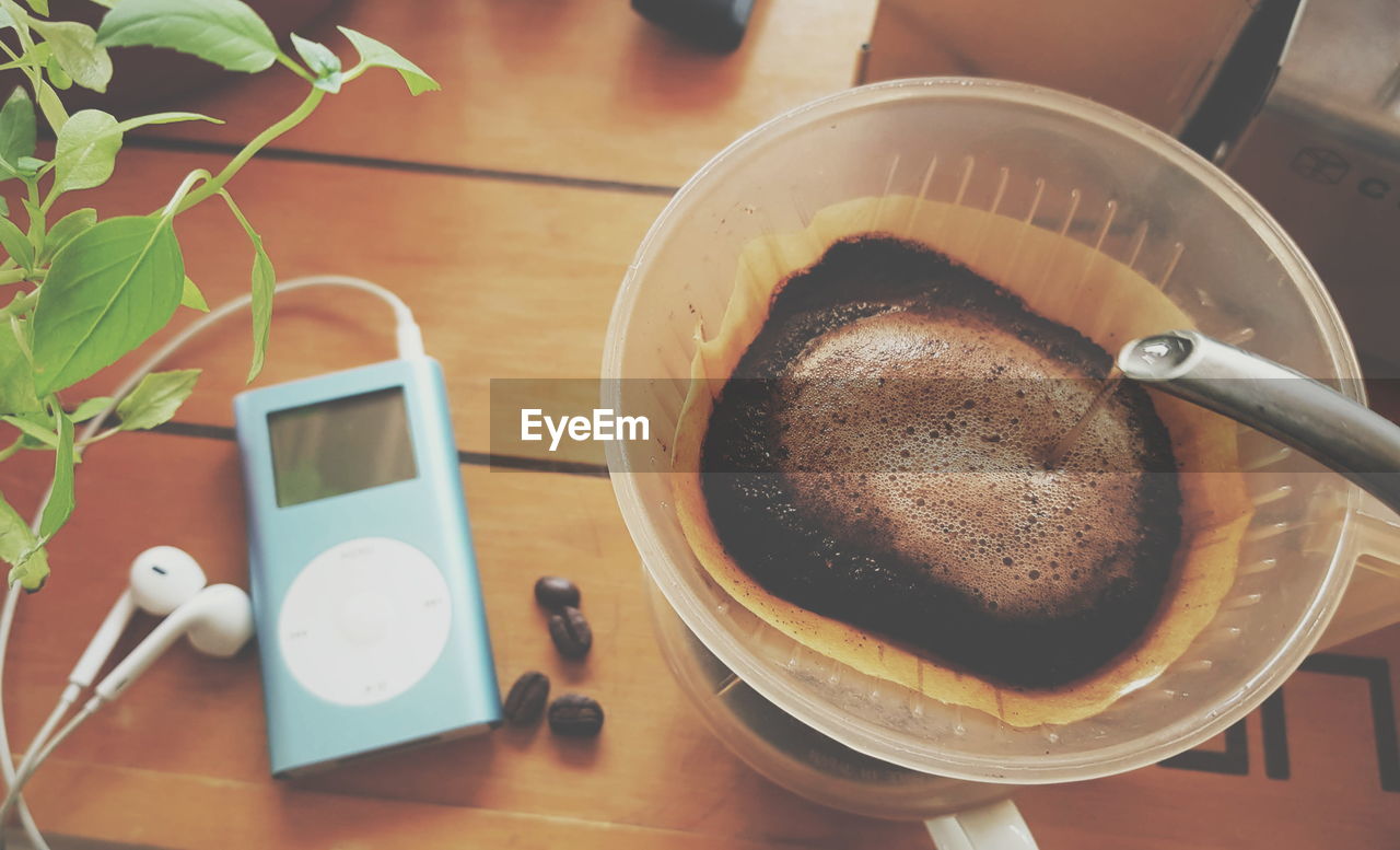 High angle view of coffee on table