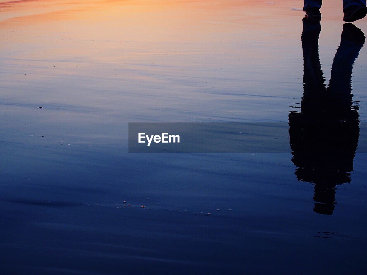 Low section of man walking on shore at beach during sunset