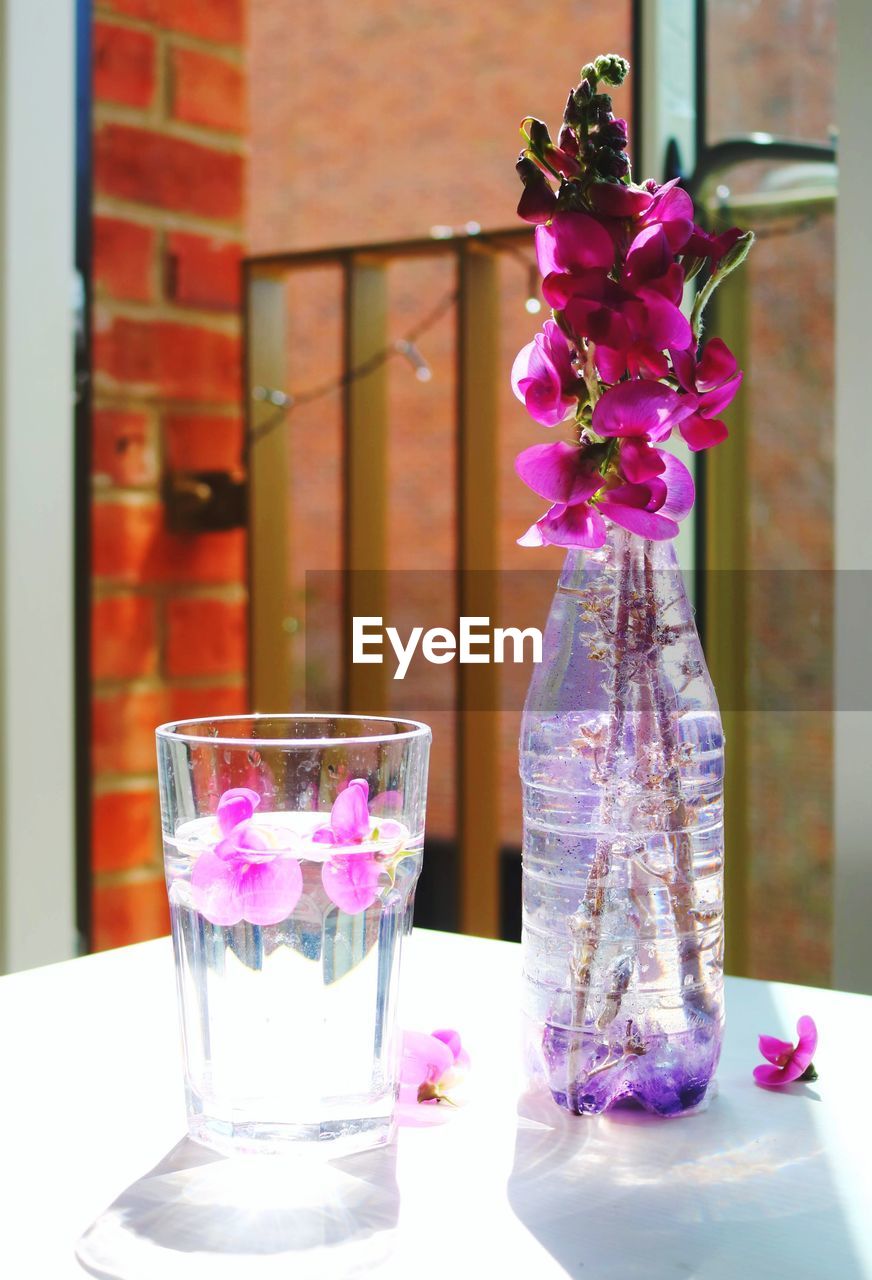 FLOWER VASE ON TABLE AGAINST GLASS WALL